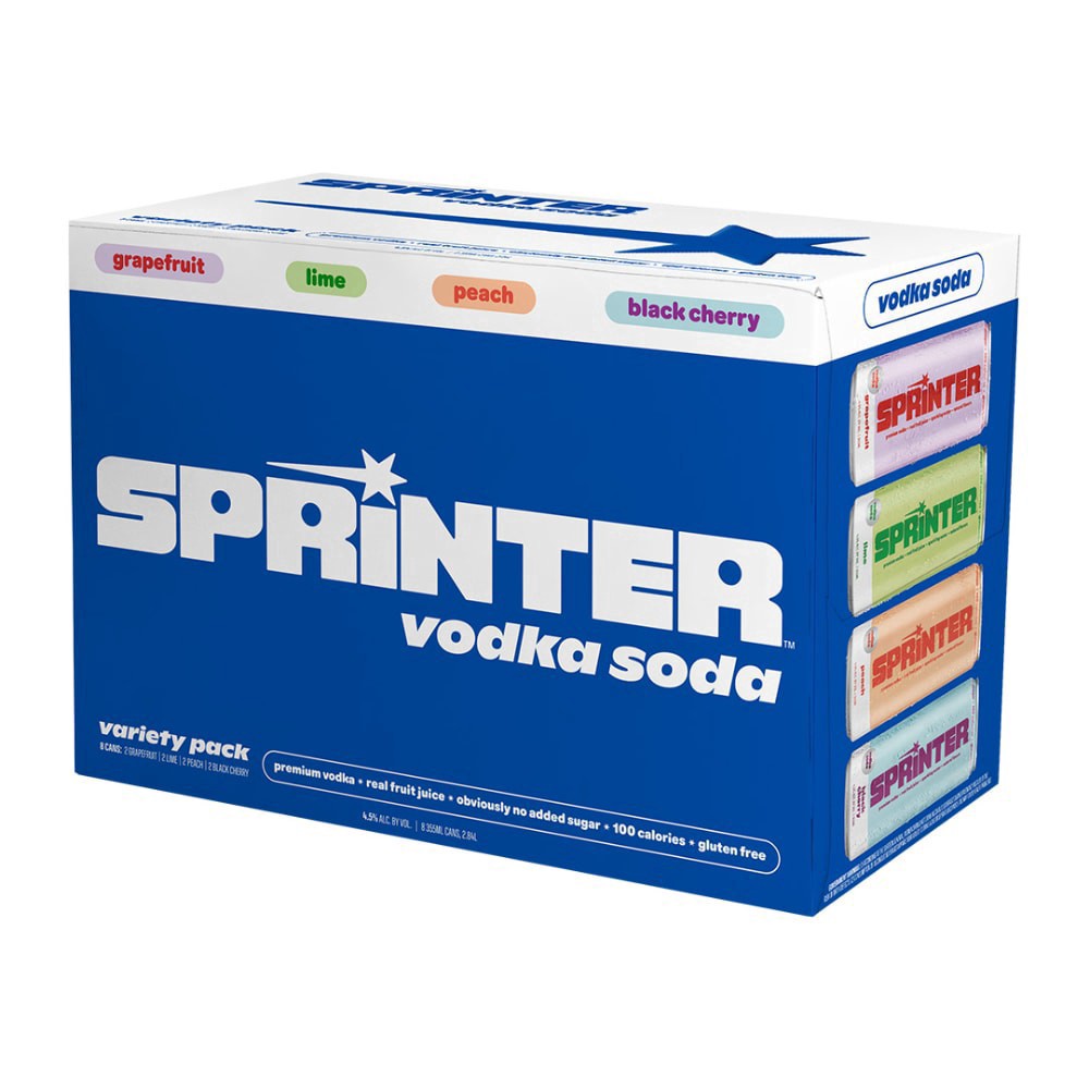 slide 4 of 4, Sprinter Grapefruit/Lime/Peach/Black Cherry Vodka Soda Variety Pack 8 - 355 ml Cans, 8 ct
