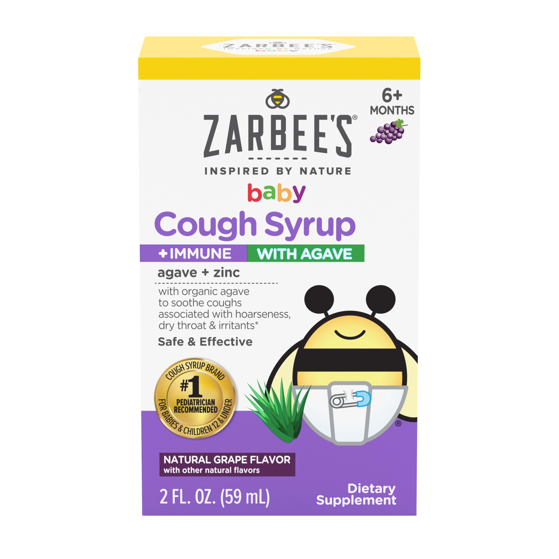 slide 1 of 5, Zarbee's Naturals Baby Cough Syrup + Immune, Drug & Alcohol-Free Infant Cough Relief with Agave & Zinc, Natural Grape Flavor, 2Fl Oz, 2 fl oz