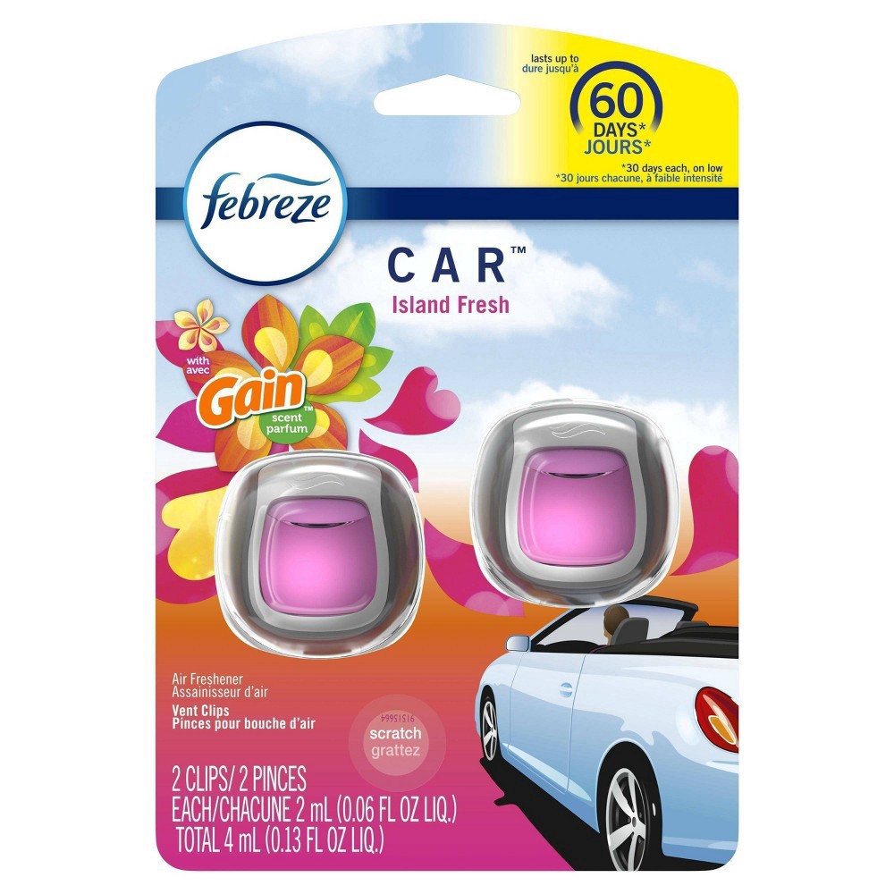 slide 13 of 18, Febreze Car Odoreliminating Gain Scent Island Fresh Vent Clip Air Fresheners, 2 ct; 0.06 fl oz