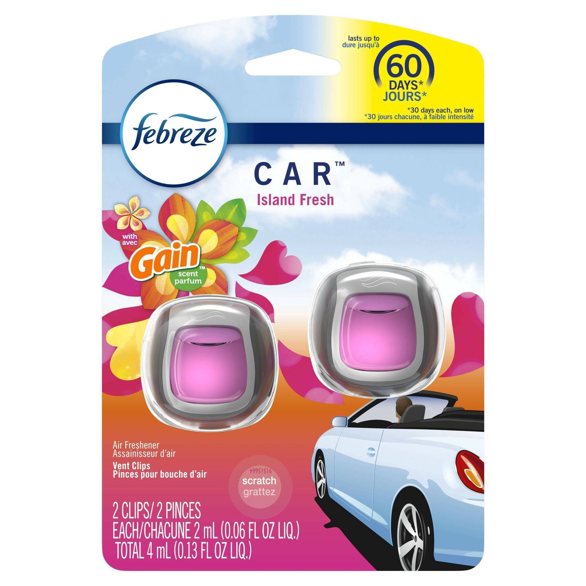 slide 5 of 18, Febreze Car Odoreliminating Gain Scent Island Fresh Vent Clip Air Fresheners, 2 ct; 0.06 fl oz