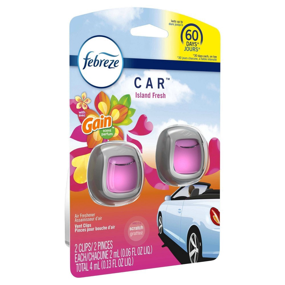 slide 9 of 18, Febreze Car Odoreliminating Gain Scent Island Fresh Vent Clip Air Fresheners, 2 ct; 0.06 fl oz