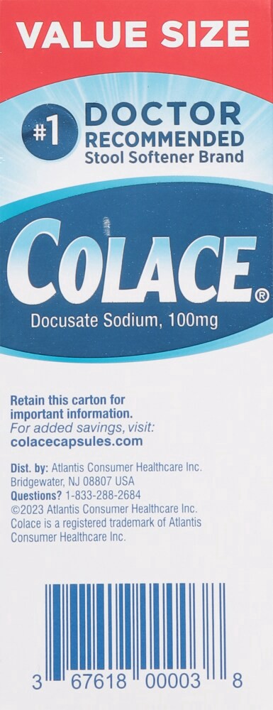 slide 4 of 4, Colace Regular Strength Stool Softener Value Size 100 Capsules, 100 ct