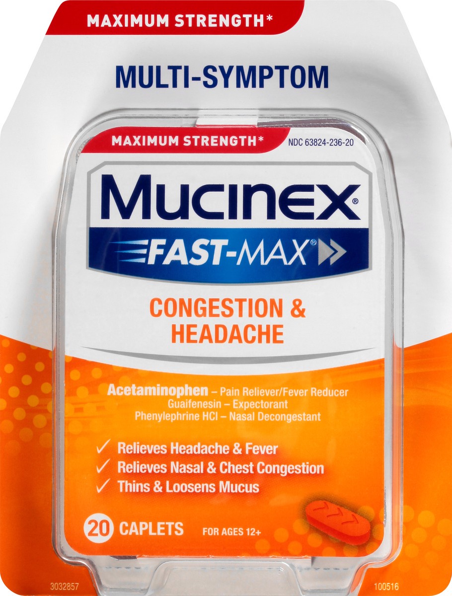 slide 1 of 9, Mucinex Fast-Max Adult Congestion & Headache Caplets, 20 Count, 20 cnt