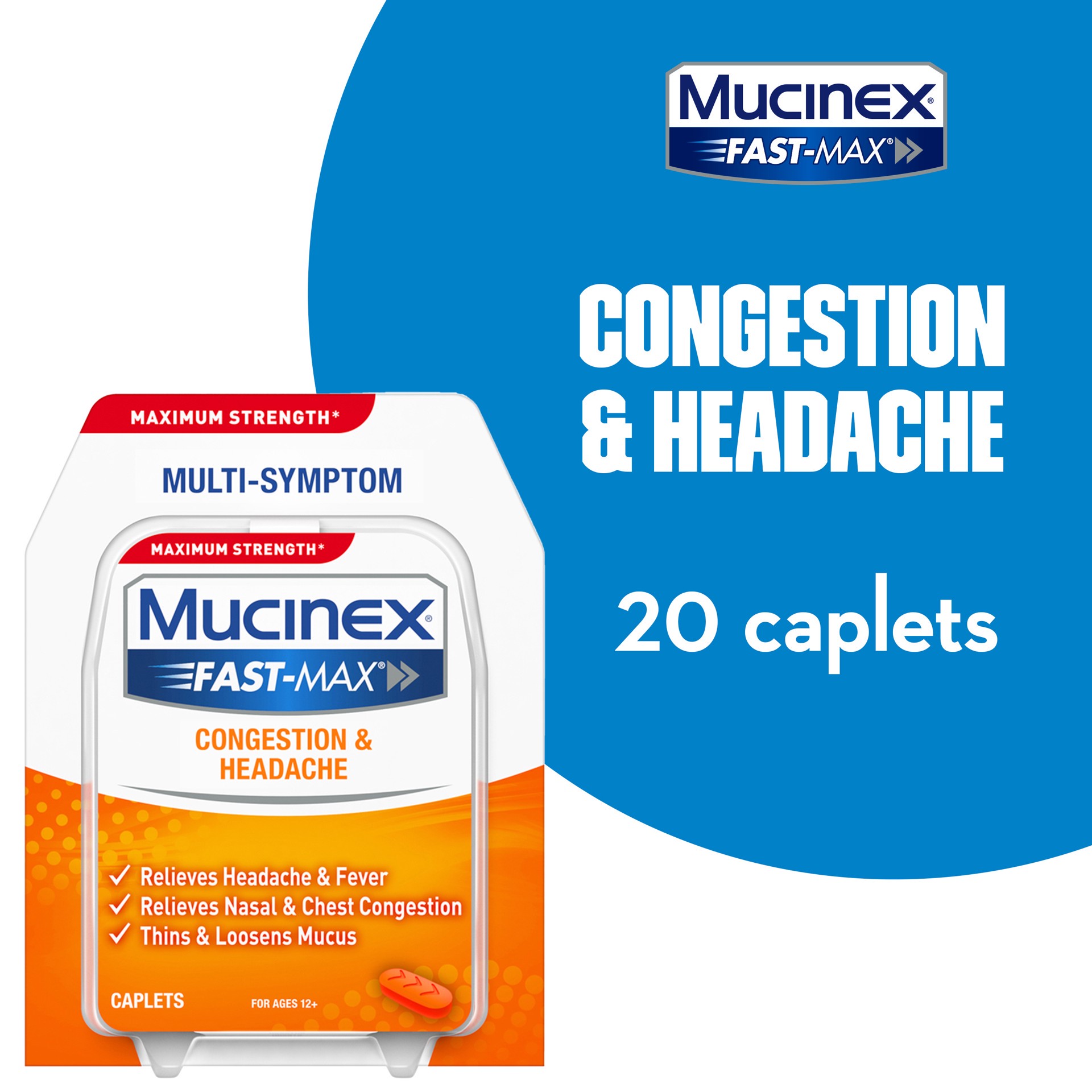 slide 1 of 9, Mucinex Fast-Max Adult Congestion & Headache Caplets, 20 Count, 20 ct