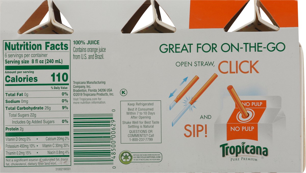 slide 5 of 9, Tropicana Pure Premium Original No Pulp Orange 100% Juice - 6 ct, 6 ct