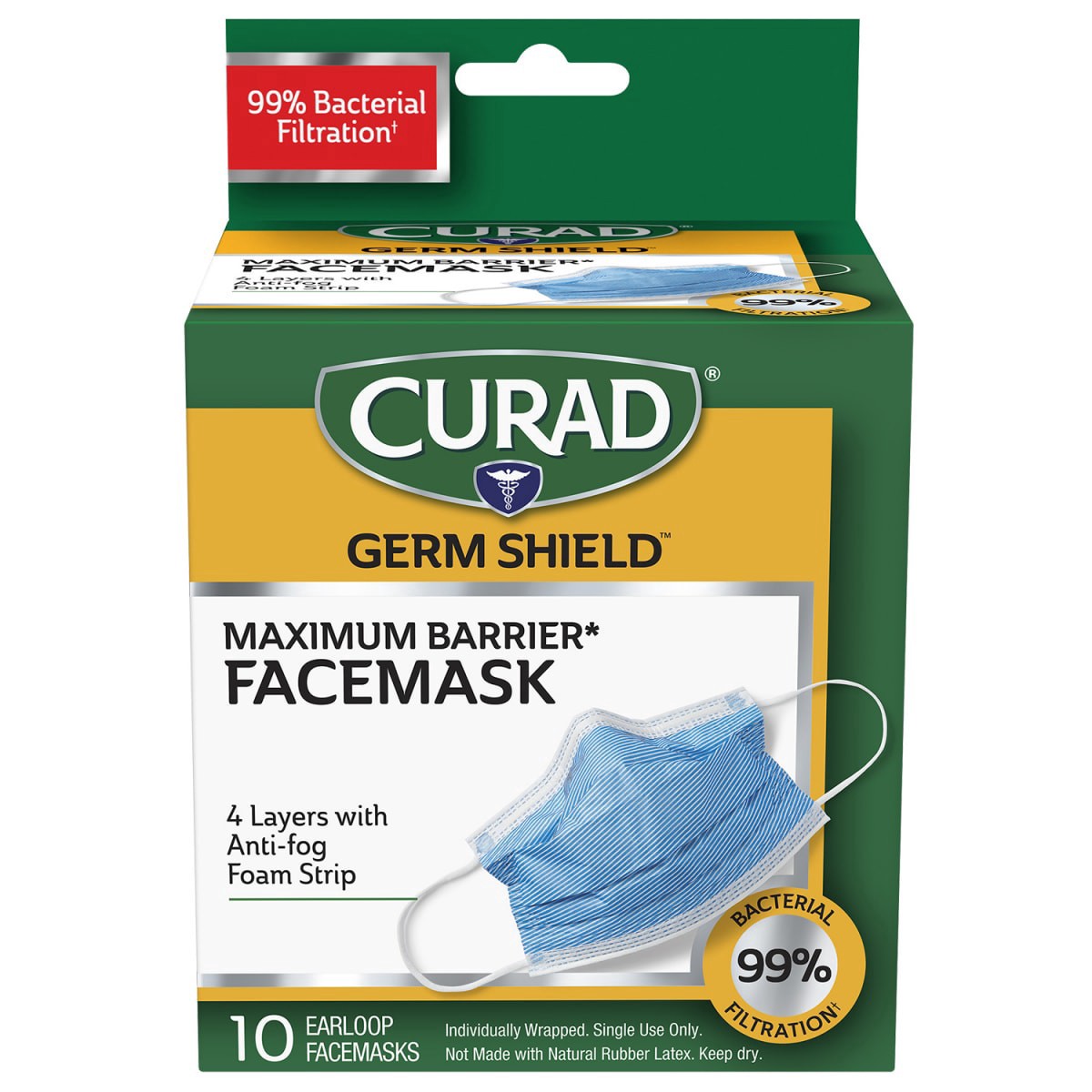 slide 1 of 21, Curad Germ Shield Medical Grade Facemask with Earloops, 10 ct