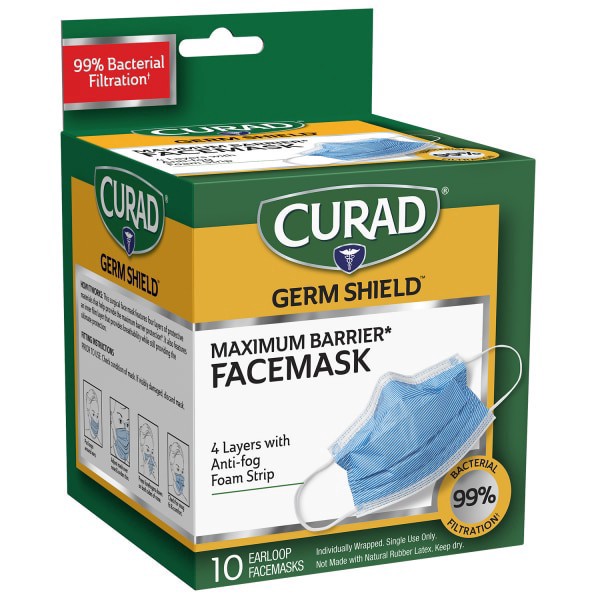 slide 3 of 21, Curad Germ Shield Medical Grade Facemask with Earloops, 10 ct