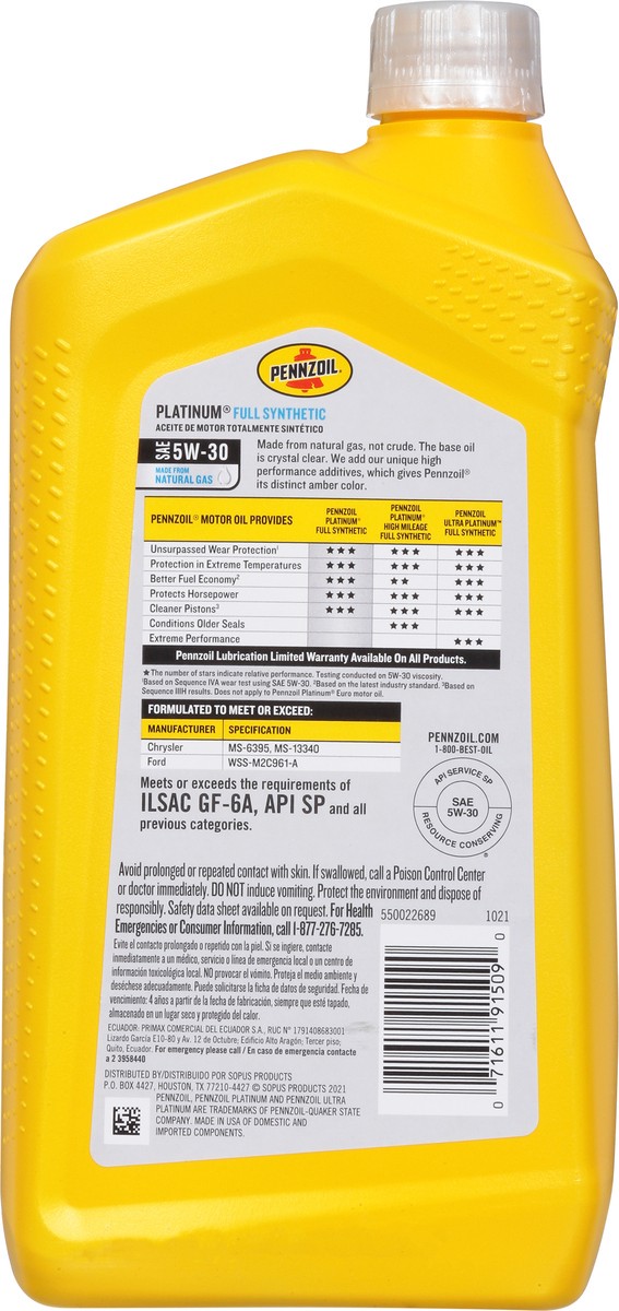 slide 2 of 9, Pennzoil Platinum Synthetic Oil, 1 qt