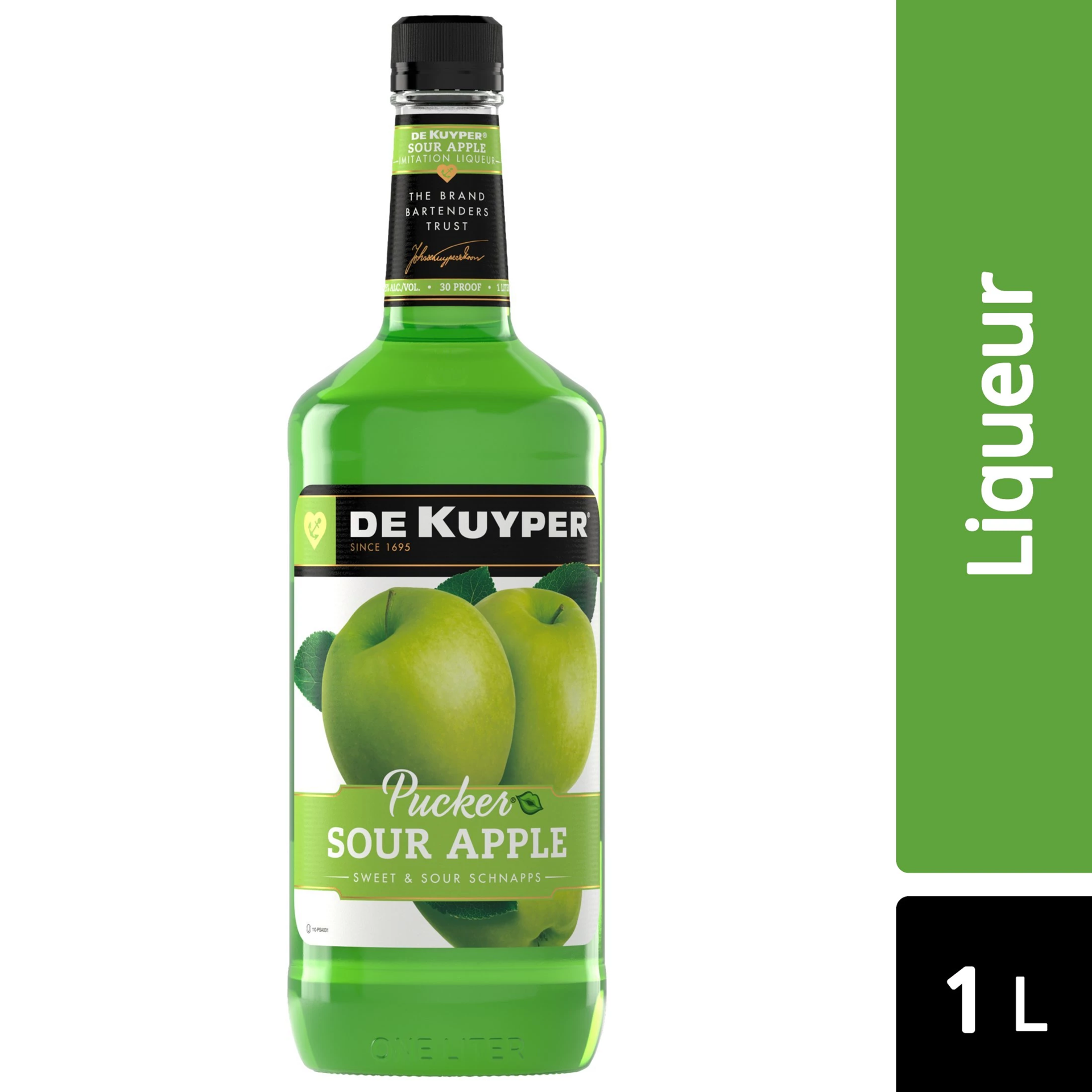 slide 1 of 2, DeKuyper Pucker Sour Apple Schnapps Liqueur 1 L, 1 liter