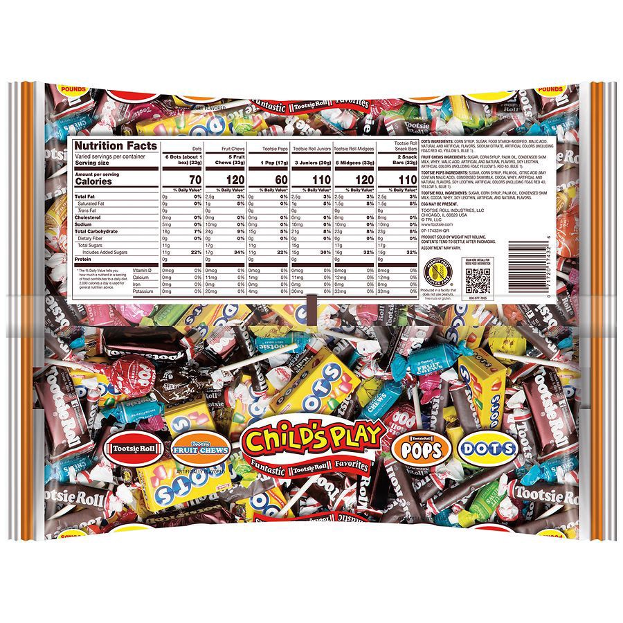 slide 5 of 5, Tootsie Roll Child's Play Mixed Halloween Candy, Tootsie Roll, Dots, Large Variety Bag, 43.2 oz
