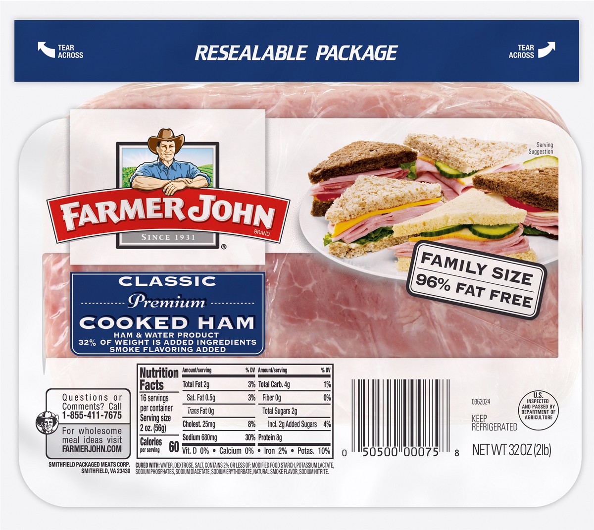 slide 2 of 2, Farmer John Classic Premium Cooked Ham 32oz, 32 oz