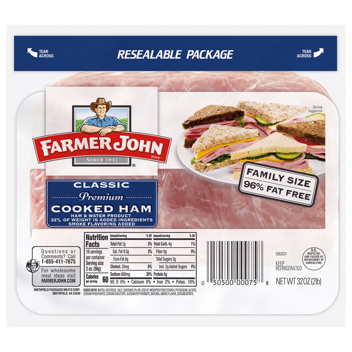 slide 1 of 2, Farmer John Classic Premium Cooked Ham 32oz, 32 oz