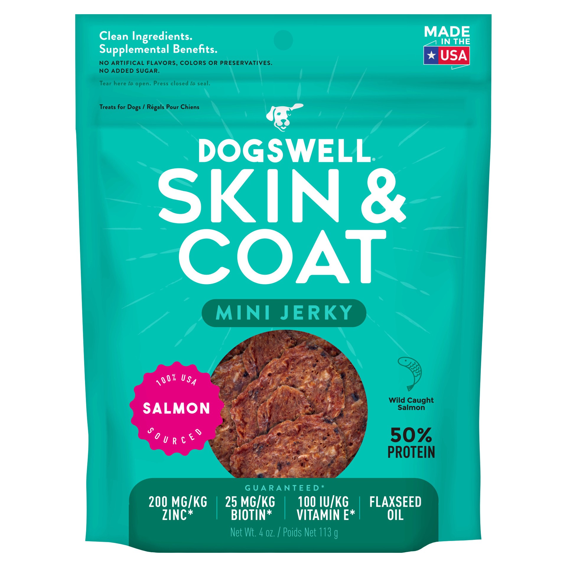 slide 1 of 7, Dogswell Skin & Coat Mini Jerky Dog Treats, Salmon, 4 oz. Pouch, 4 oz