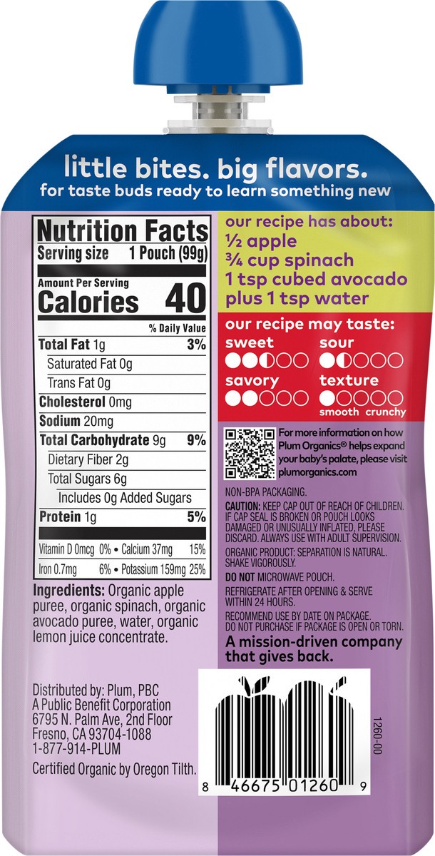 slide 6 of 9, Plum Organics Stage 2 Organic Baby Food Apple, Spinach + Avocado, 3.5oz Pouch, 3.5 oz