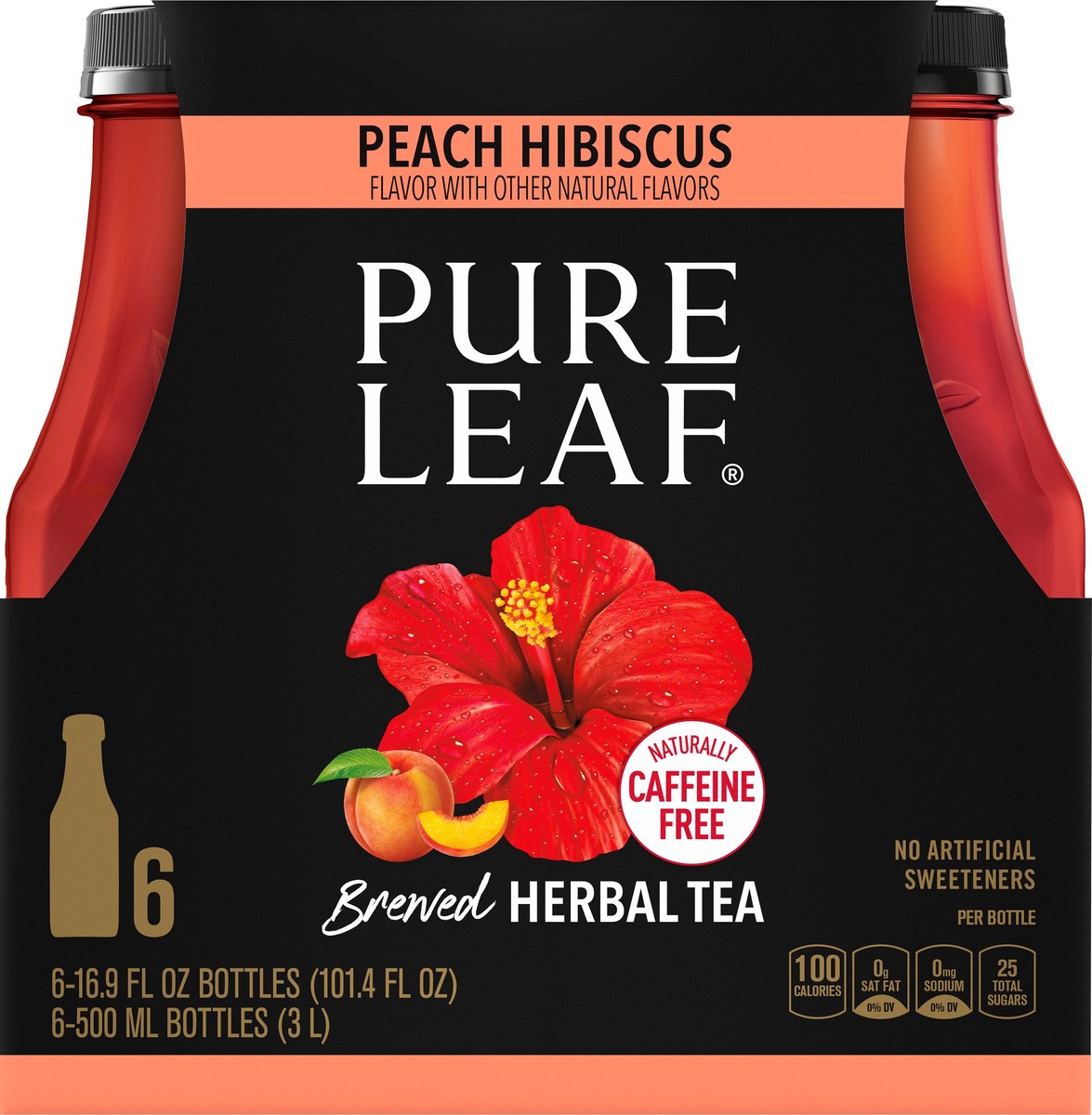 slide 3 of 7, Pure Leaf Peach Hibiscus Brewed Herbal Tea 6-16.9 fl oz Bottles, 6 ct