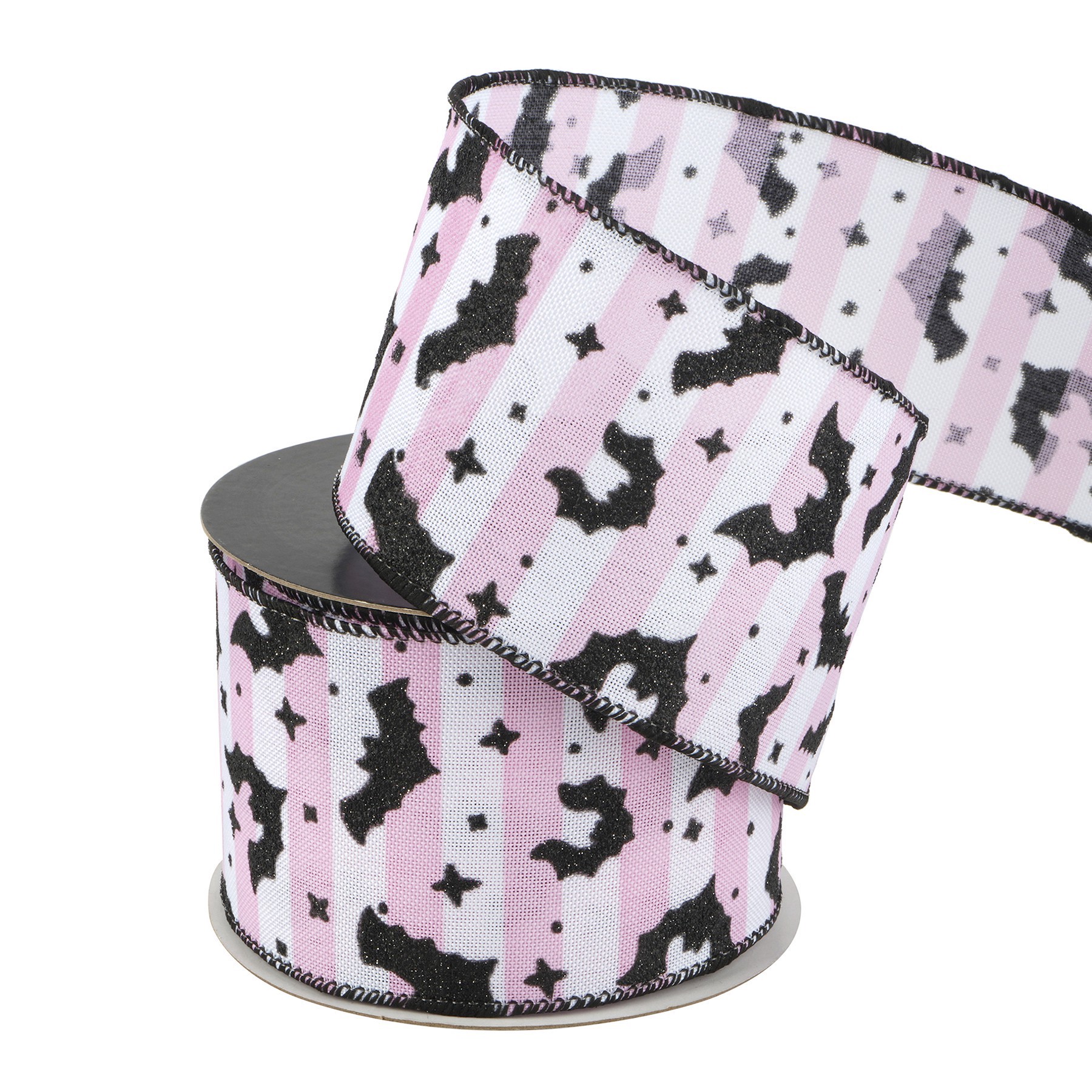 slide 3 of 3, 2.5" X 20ft. Glitter Bats On Pink Stripes Wired Ribbon By Celebrate It Halloween, 2.5 in x 6.6 yd
