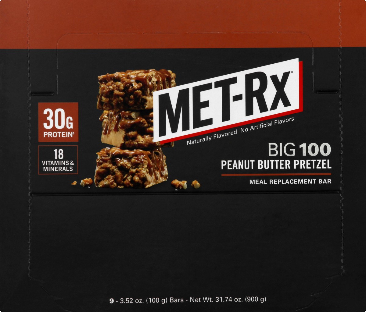 slide 6 of 9, MET-Rx Big 100 Peanut Butter Pretzel Meal Replacement Bar 9 ea, 9 ct