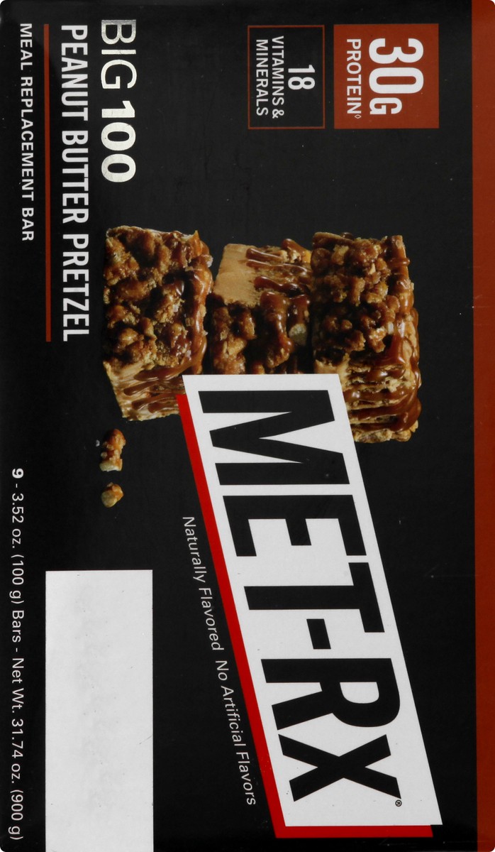 slide 7 of 9, MET-Rx Big 100 Peanut Butter Pretzel Meal Replacement Bar 9 ea, 9 ct