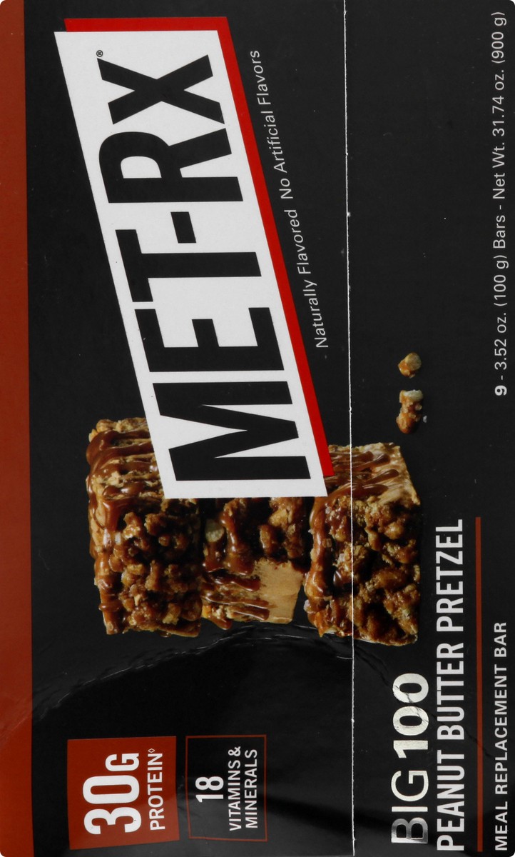 slide 8 of 9, MET-Rx Big 100 Peanut Butter Pretzel Meal Replacement Bar 9 ea, 9 ct