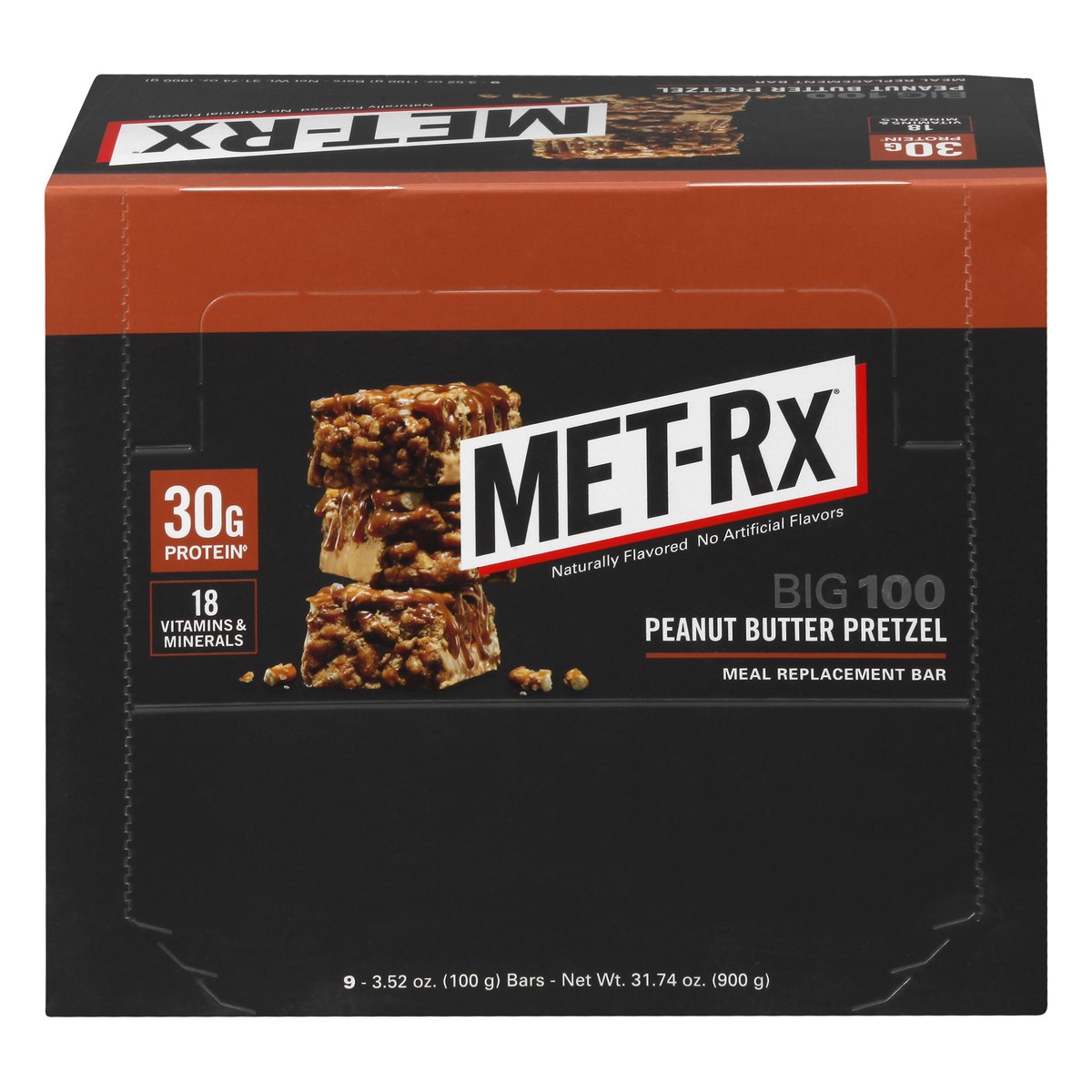 slide 1 of 9, MET-Rx Big 100 Peanut Butter Pretzel Meal Replacement Bar 9 ea, 9 ct