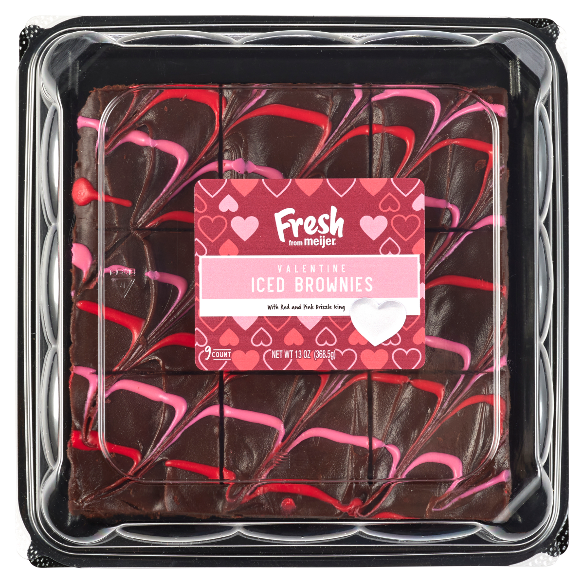 slide 1 of 13, FRESH FROM MEIJER Meijer Valentine Brownie, Pink and Red icing drizzle /, 9 ct; 13 oz