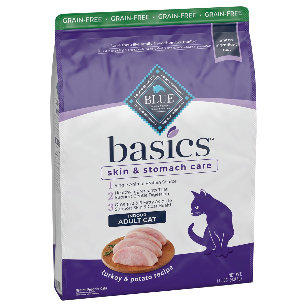 slide 11 of 12, Blue Buffalo Blue Basics Limited Ingredient Grain Free Turkey & Potato Indoor Adult Cat Food, 11 lb