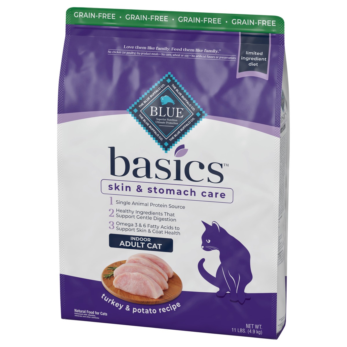 slide 3 of 12, Blue Buffalo Blue Basics Limited Ingredient Grain Free Turkey & Potato Indoor Adult Cat Food, 11 lb