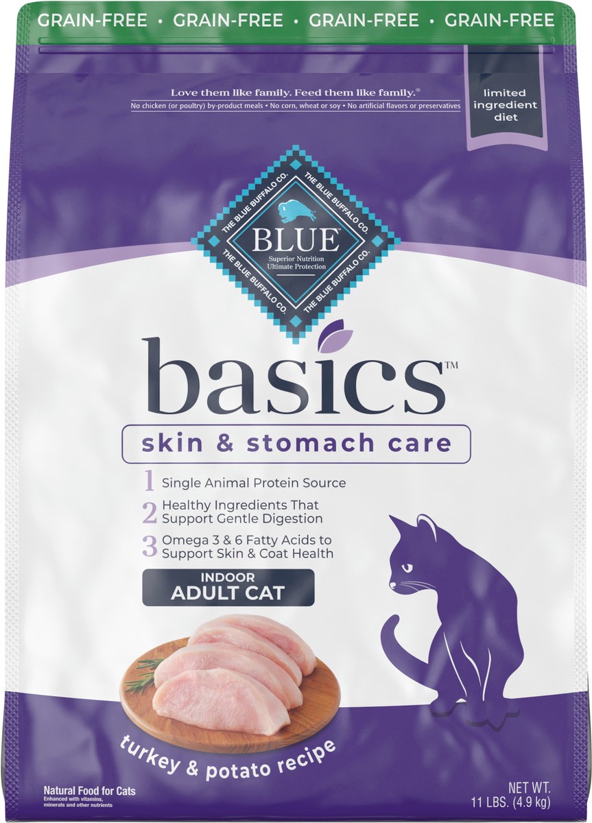 slide 8 of 12, Blue Buffalo Blue Basics Limited Ingredient Grain Free Turkey & Potato Indoor Adult Cat Food, 11 lb
