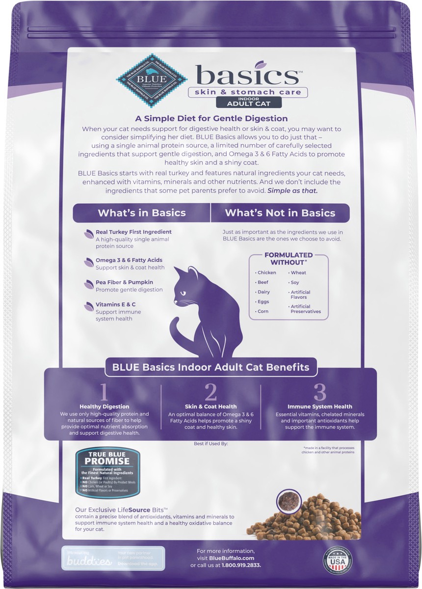 slide 7 of 12, Blue Buffalo Blue Basics Limited Ingredient Grain Free Turkey & Potato Indoor Adult Cat Food, 11 lb