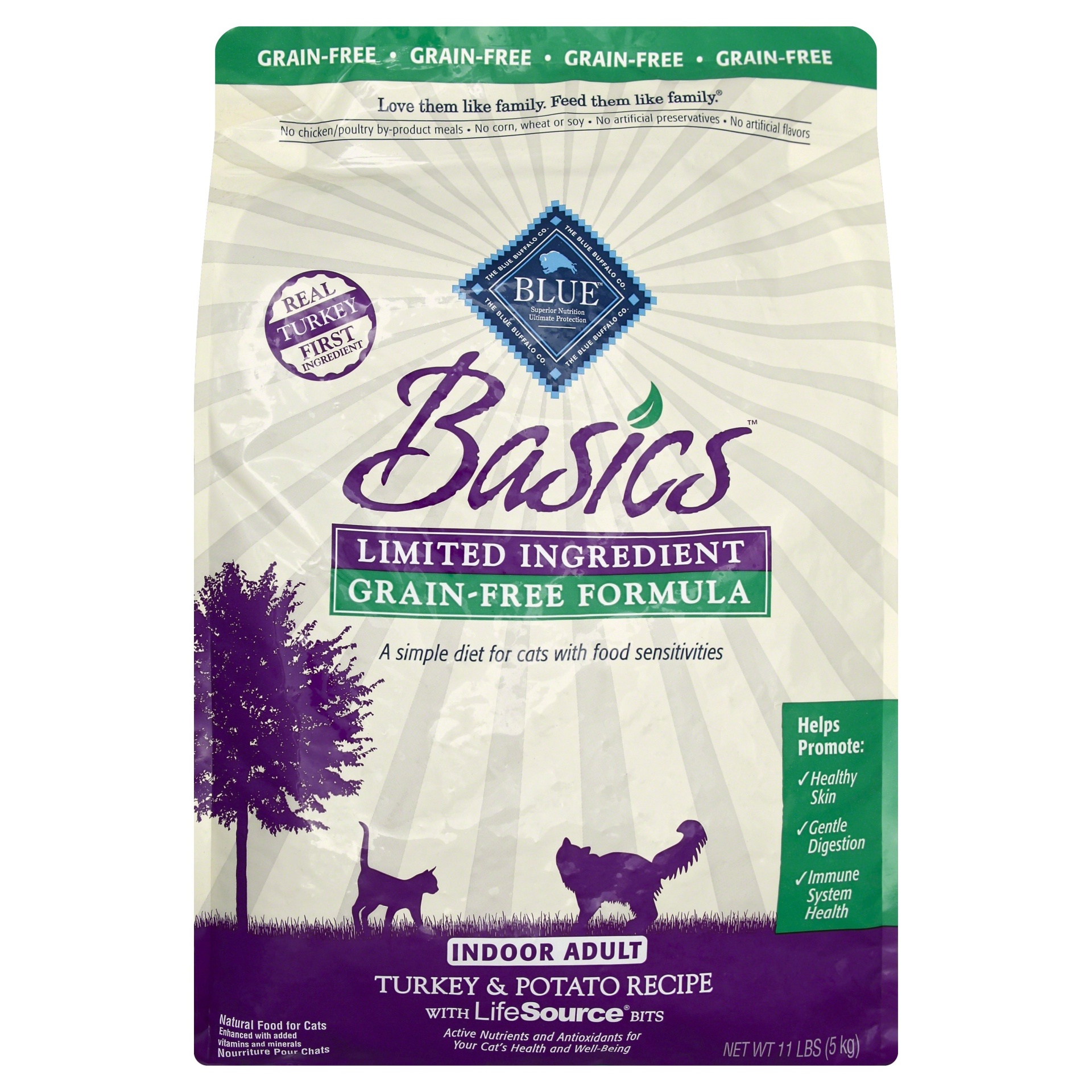 slide 1 of 1, Blue Buffalo Blue Basics Limited Ingredient Grain Free Turkey & Potato Indoor Adult Cat Food, 11 lb