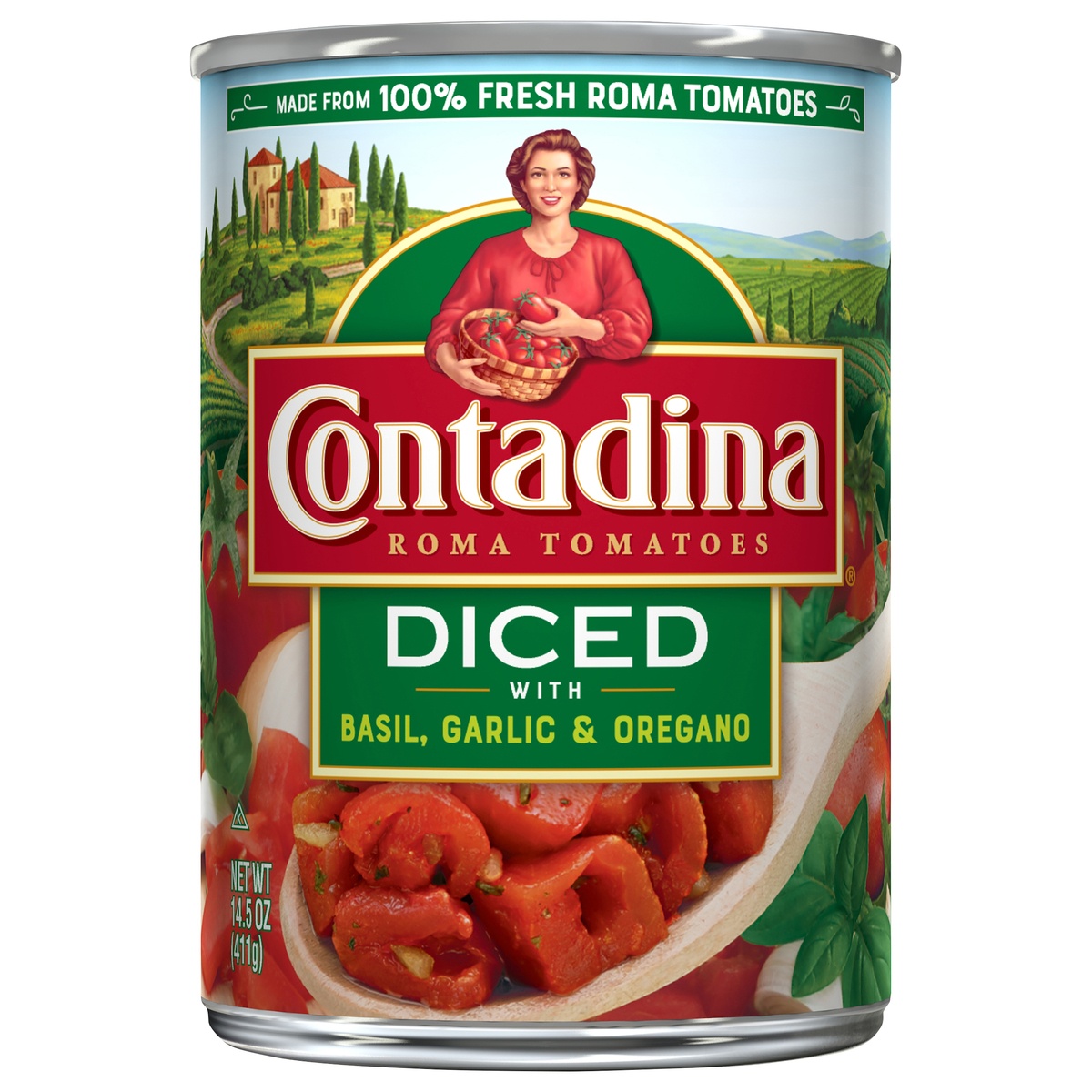 slide 1 of 2, Contadina with Basil, Garlic & Oregano Diced Roma Tomatoes 14.5 oz, 