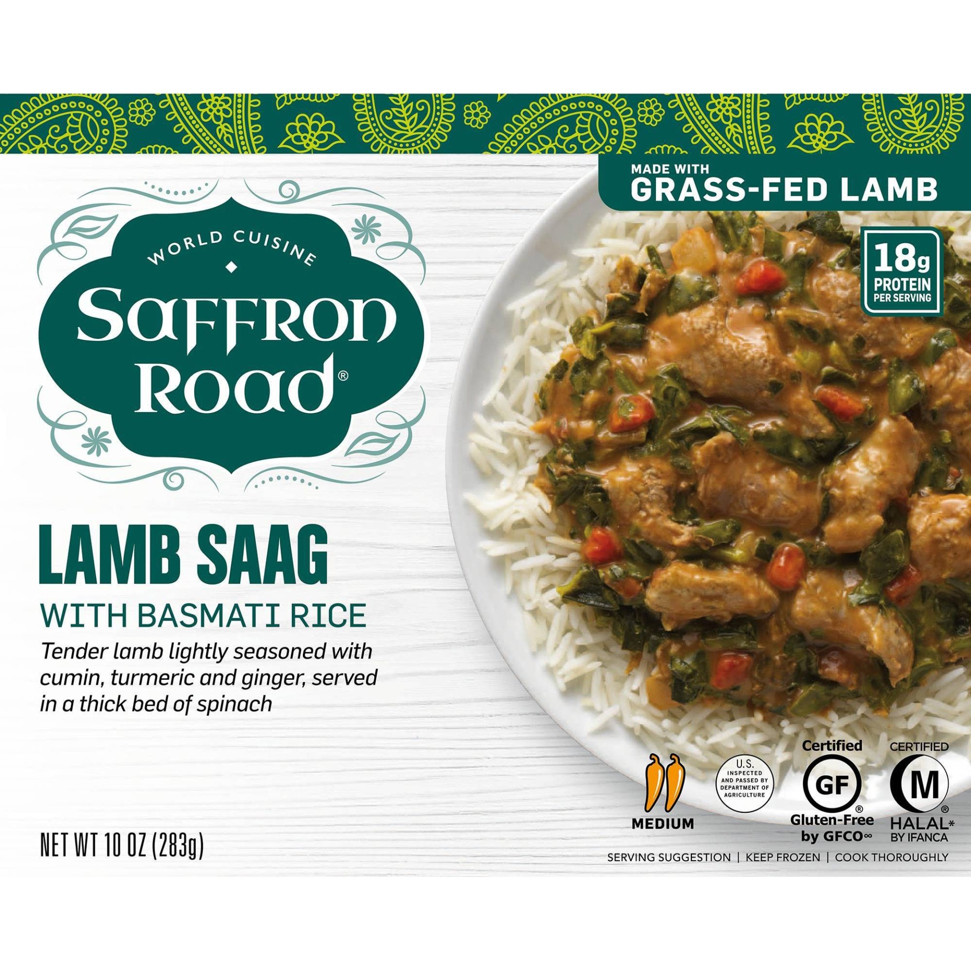 slide 1 of 1, Saffron Road Frozen Lamb Saag with Basmati Rice, 