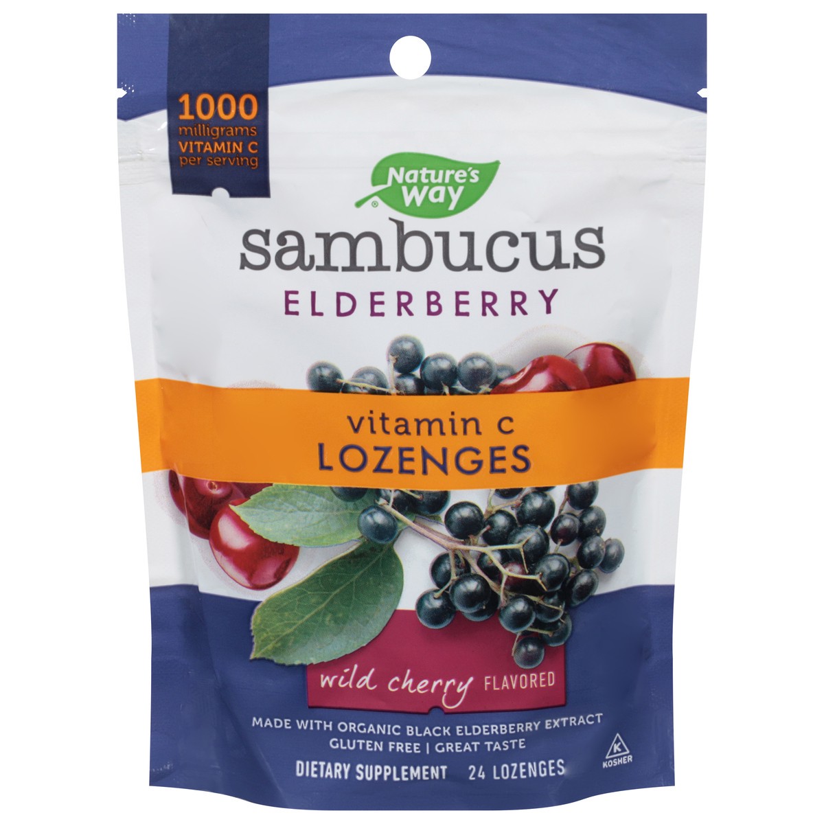 slide 1 of 9, Nature's Way Sambucus Elderberry Wild Cherry Flavored 1000 mg Vitamin C Lozenges 24 ea, 24 fl oz