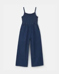 Oshkosh Girls Smocked Denim Wide-Leg Jumpsuit - Dark Wash - Size 4