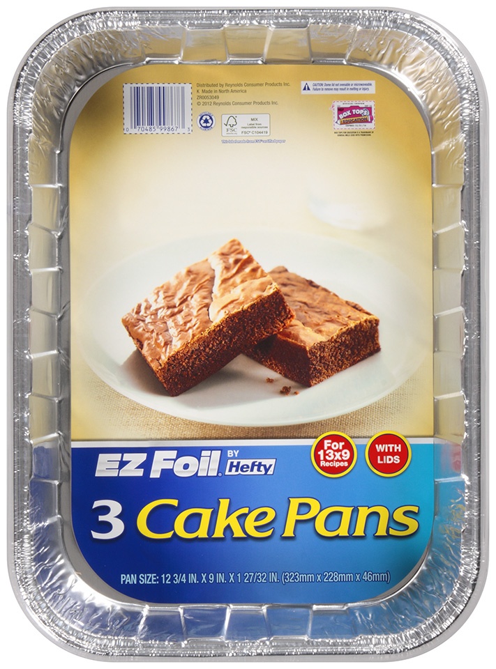 slide 1 of 1, Hefty EZ Foil 12-3/4 x 9 x 1-27/32 in. Cake Pans with Lids, 3 ct