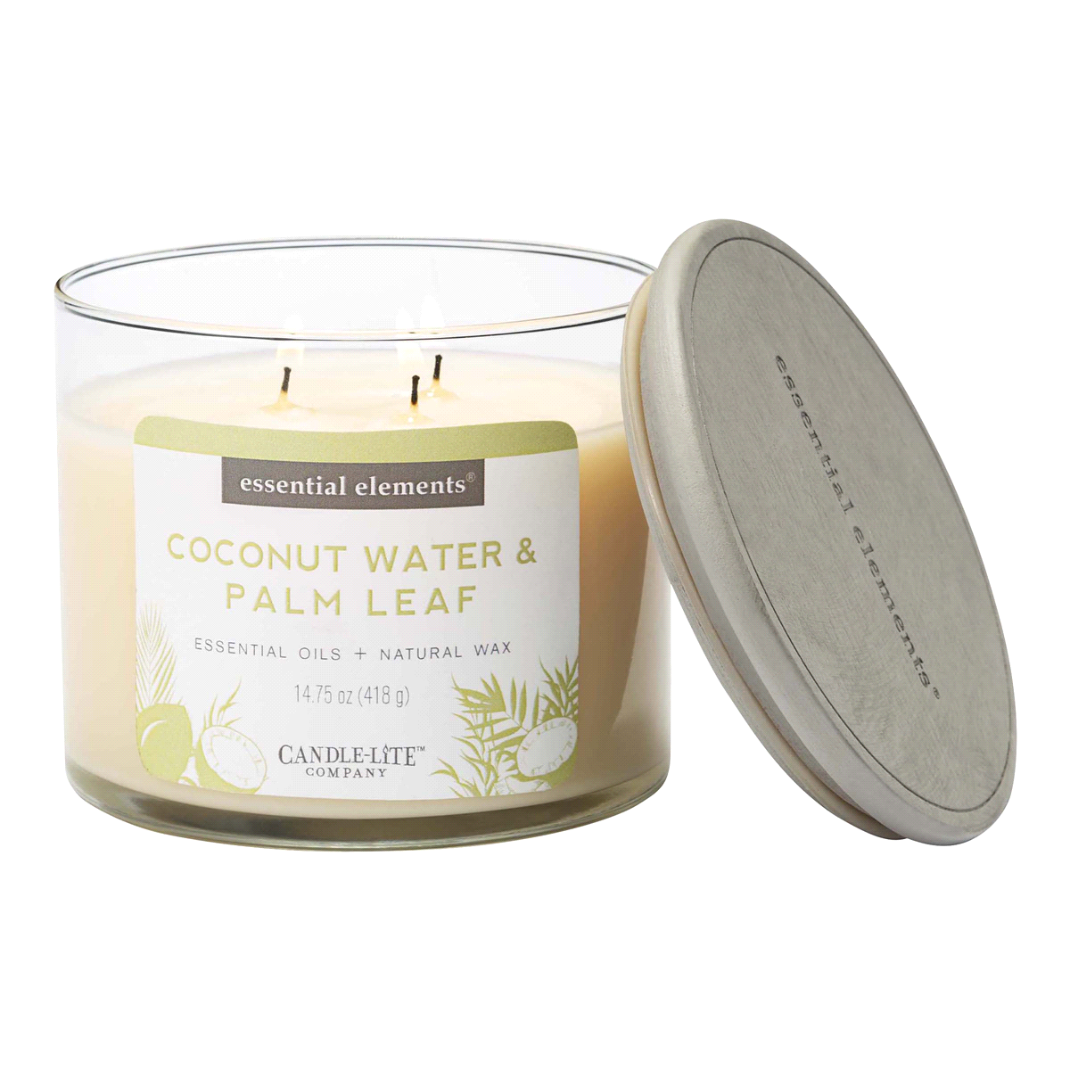 slide 1 of 1, Candle-Lite Essential Elements Coconut Water & Palm Leaf 3-Wick Jar Candle - Ivory, 14.75 oz