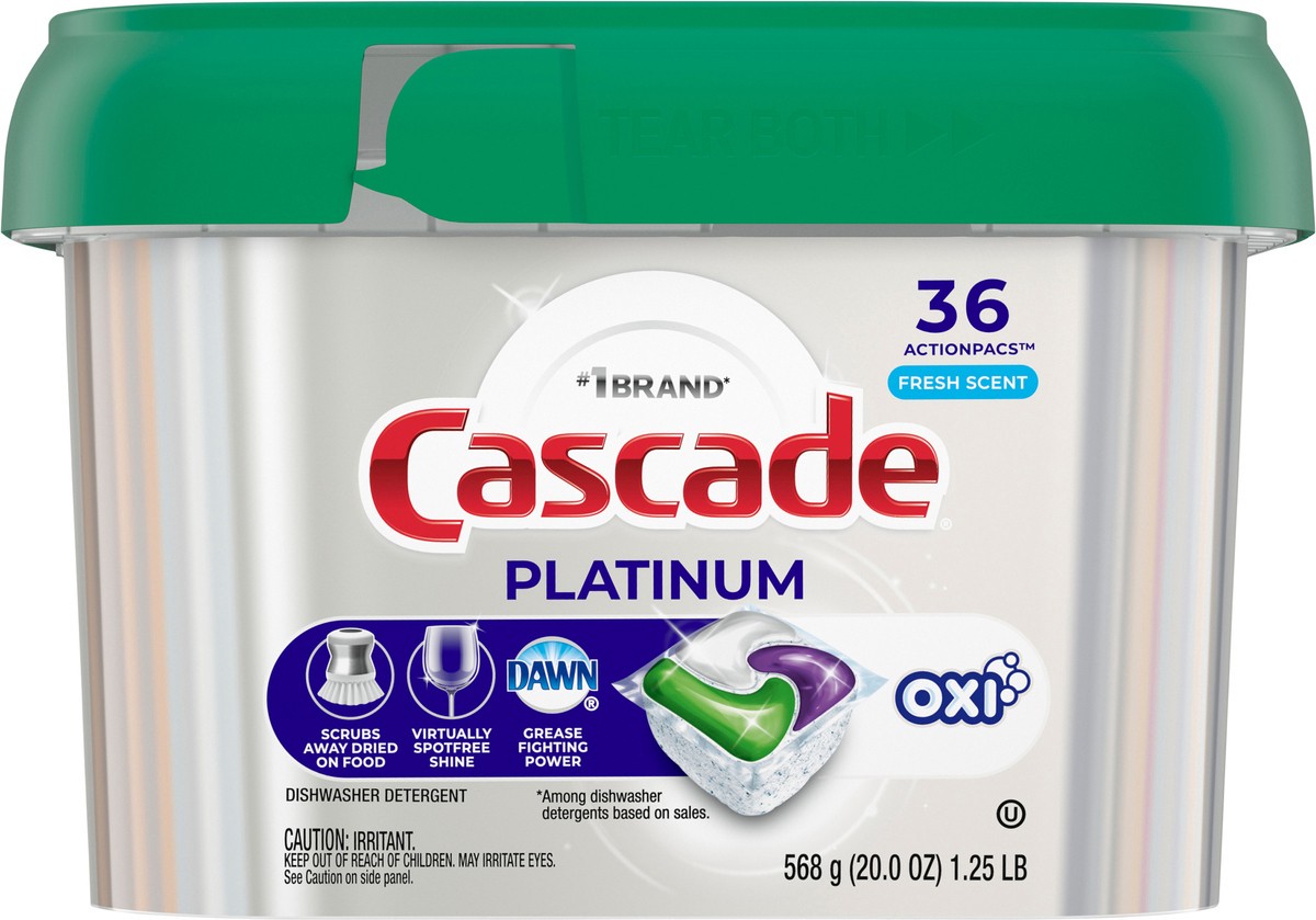 slide 5 of 10, Cascade Platinum ActionPacs + Oxi, Dishwasher Detergent Pods, Fresh, 36 Count, 36 ct