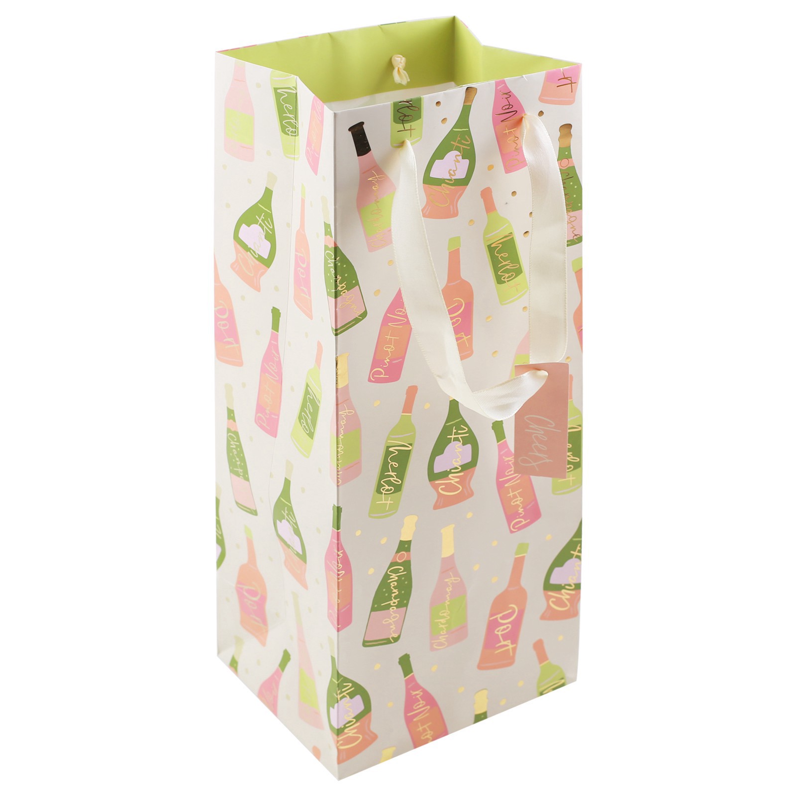 slide 2 of 2, 13" Pink & Green Wine Bottle Print Wine Bottle Gift Bag By Celebrate It, 4 in x 13 in x 4 in