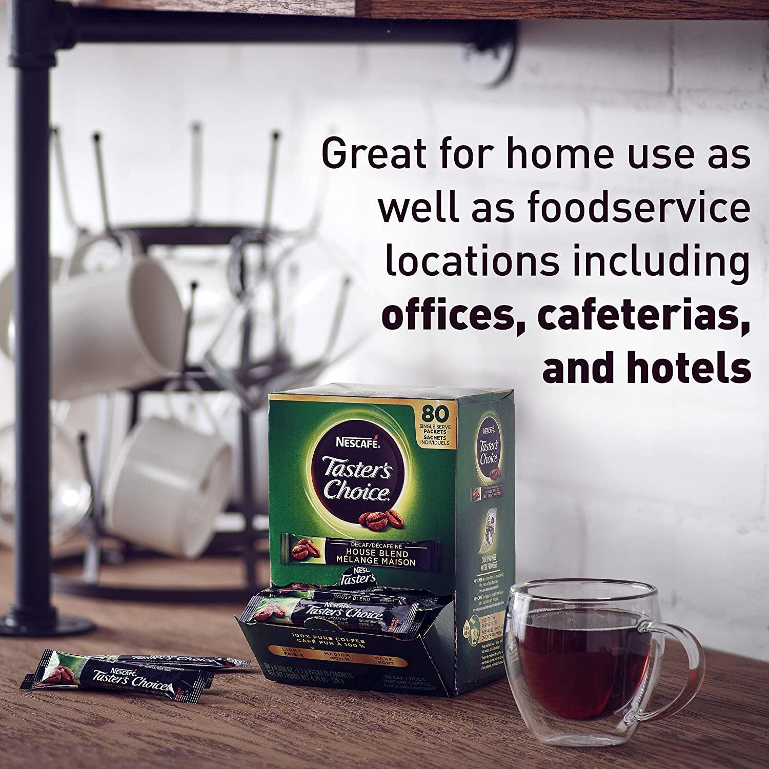 slide 4 of 5, Nescafé Taster's Choice House Blend Decaffeinated Coffee, Carton of 80, 1.7g Stick Packs, 4.79 oz