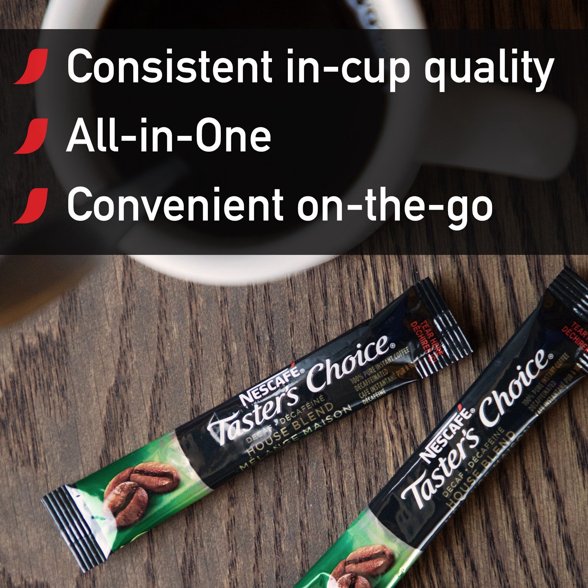 slide 5 of 5, Nescafé Taster's Choice House Blend Decaffeinated Coffee, Carton of 80, 1.7g Stick Packs, 4.79 oz