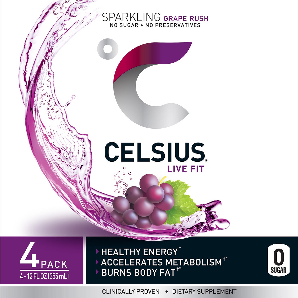 slide 3 of 7, CELSIUS Sparkling Grape Rush, Functional Essential Energy Drink 12 Fl Oz (Pack of 4), 12 fl oz