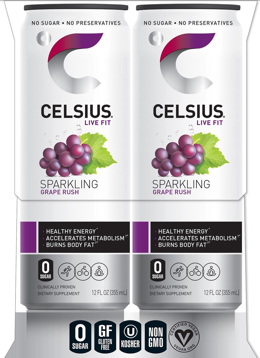 slide 4 of 7, CELSIUS Sparkling Grape Rush, Functional Essential Energy Drink 12 Fl Oz (Pack of 4), 12 fl oz