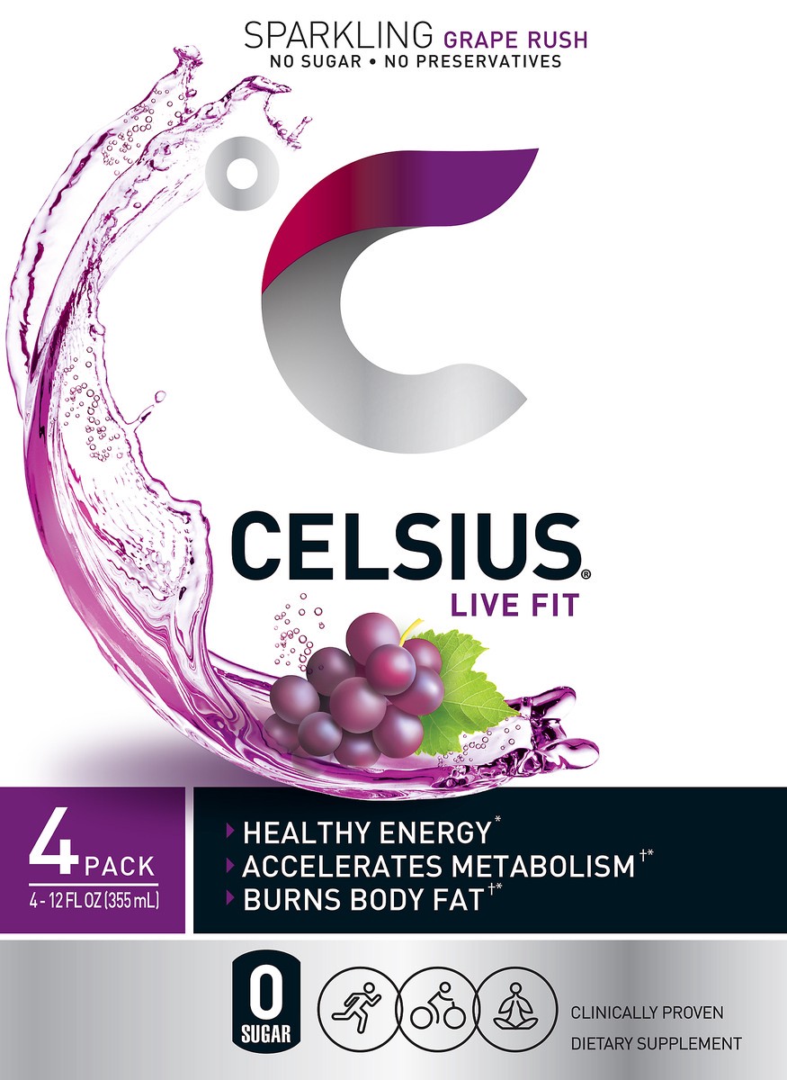 slide 1 of 7, CELSIUS 4 Pack Sparkling Grape Rush Fitness Drink 4 ea - 4 ct, 48 oz