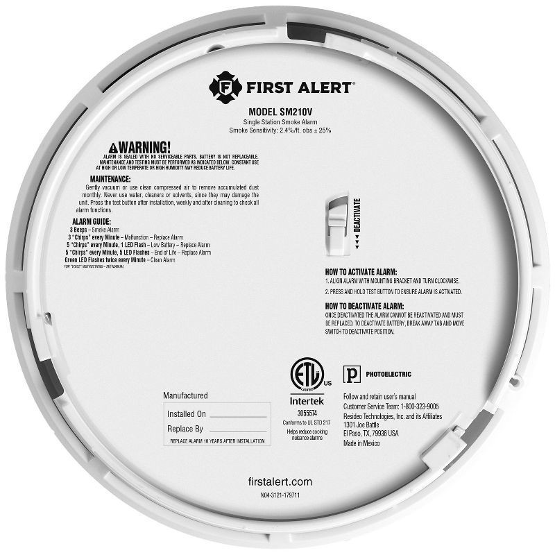 slide 5 of 7, First Alert Alarm Smoke DC10 with VCE SM210V Clam Tray: 10 Year Lithium Ion Battery, No Hardwired Installation Required, 1 ct