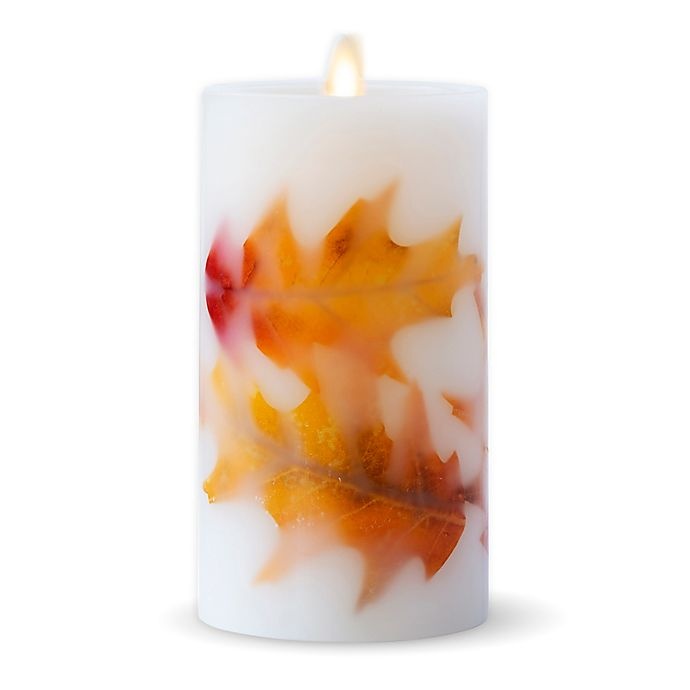 slide 1 of 1, Luminara Fall Leaves Real-Flame Effect Pillar Candle - Ivory, 6.5 in