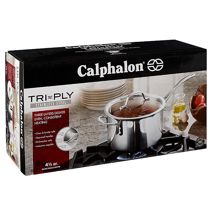 slide 5 of 5, Calphalon Tri-Ply Stainless Steel Saucepan with Lid, 4.5 qt