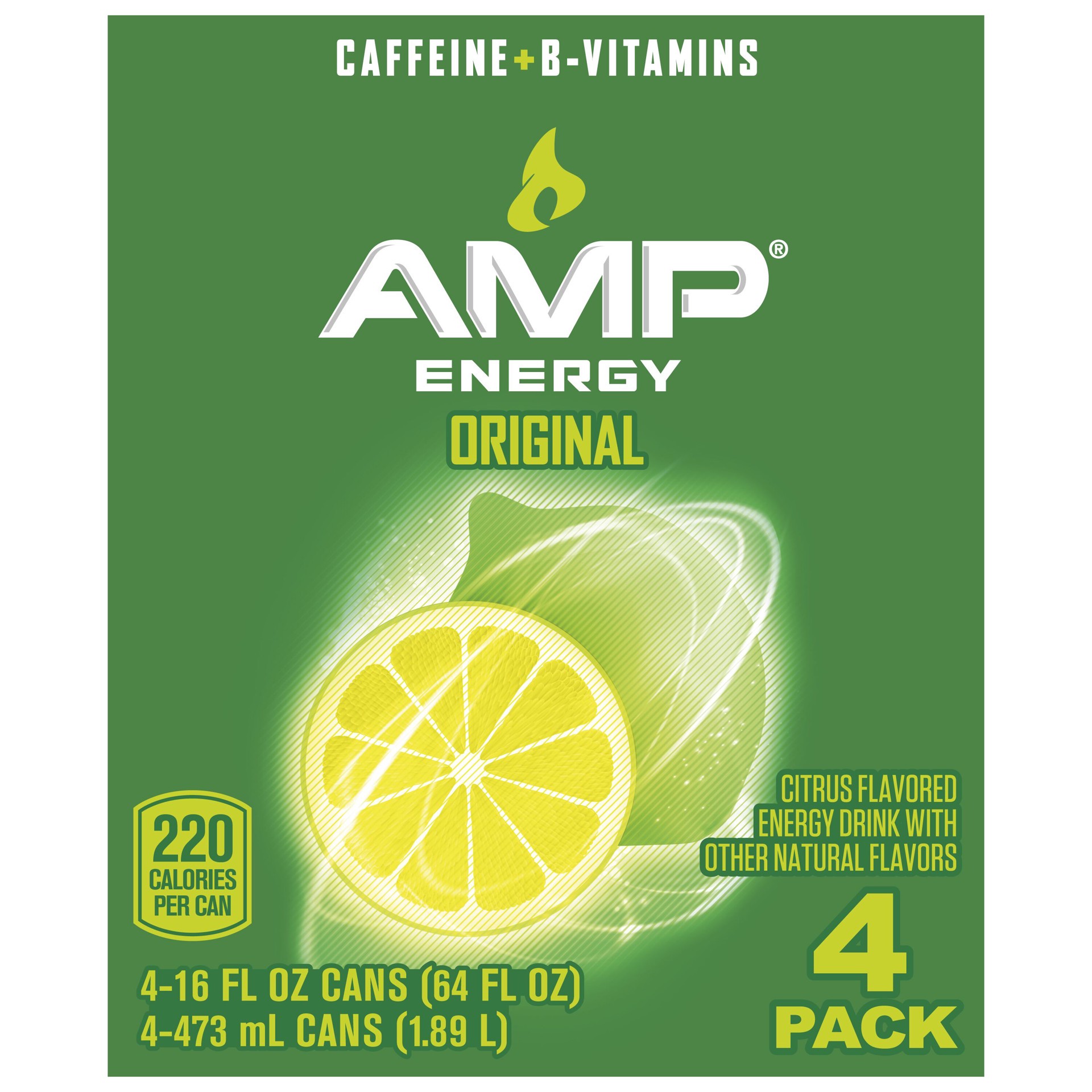 slide 1 of 1, Mountain Dew Amp Energy Drink Original Citrus Flavored 16 Fl Oz 4 Count Cans, 64 oz