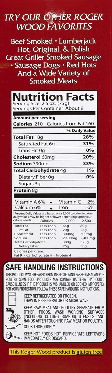 slide 4 of 6, Roger Wood Spicy Hot Smoked Sausage 24 oz, 24 oz