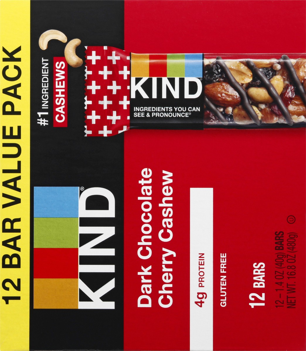 slide 5 of 9, KIND Healthy Snack Bar Value Pack, Dark Chocolate Cherry Cashew, 4g Protein, Gluten Free Bars, 1.4 OZ, (12 Ct), 12 ct