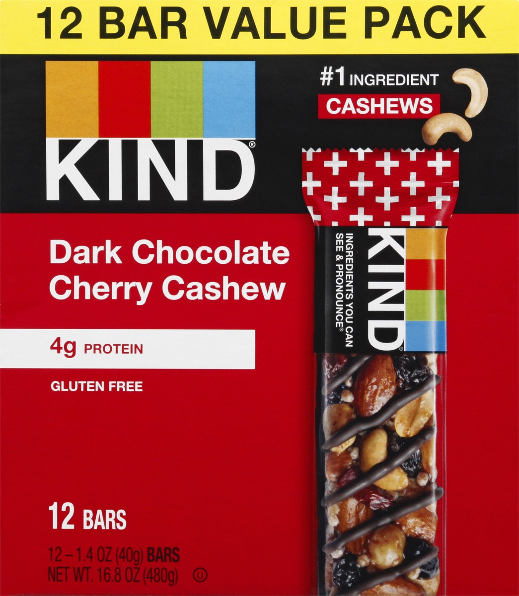 slide 6 of 9, KIND Healthy Snack Bar Value Pack, Dark Chocolate Cherry Cashew, 4g Protein, Gluten Free Bars, 1.4 OZ, (12 Ct), 12 ct